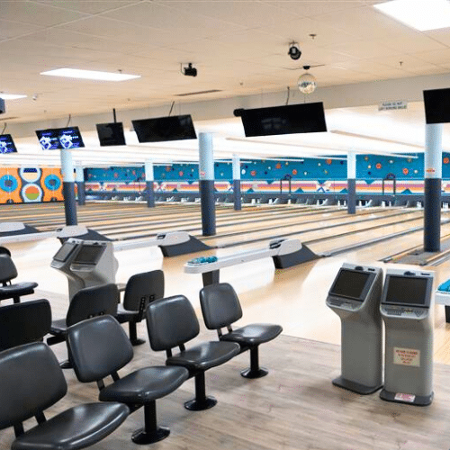Indoor bowling alley seating and lanes